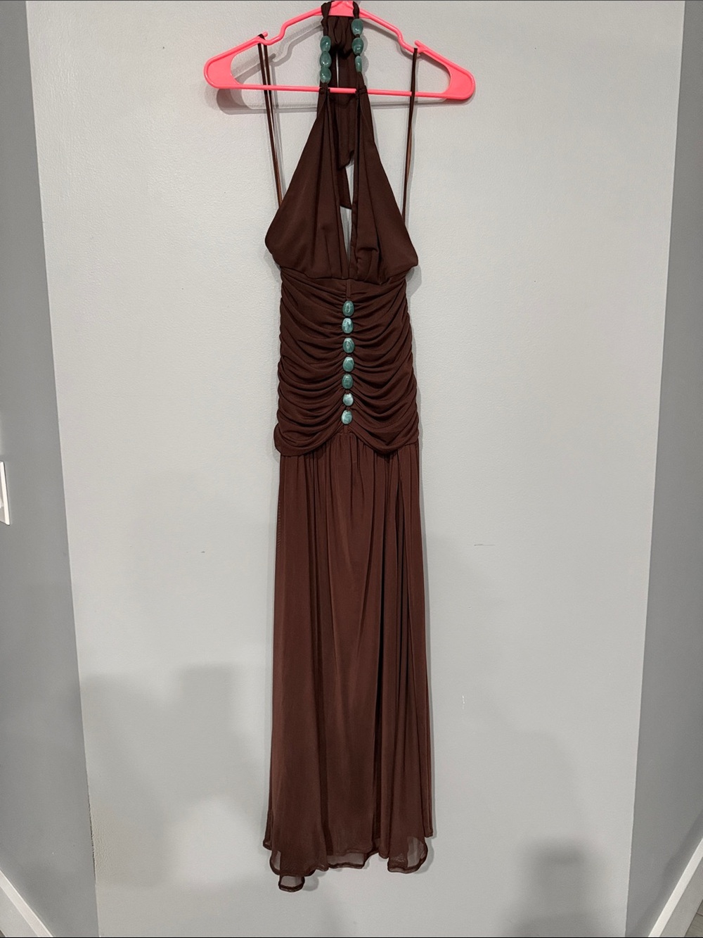 Windsor Chocolate Brown Halter Maxi Dress with Turquoise Beads